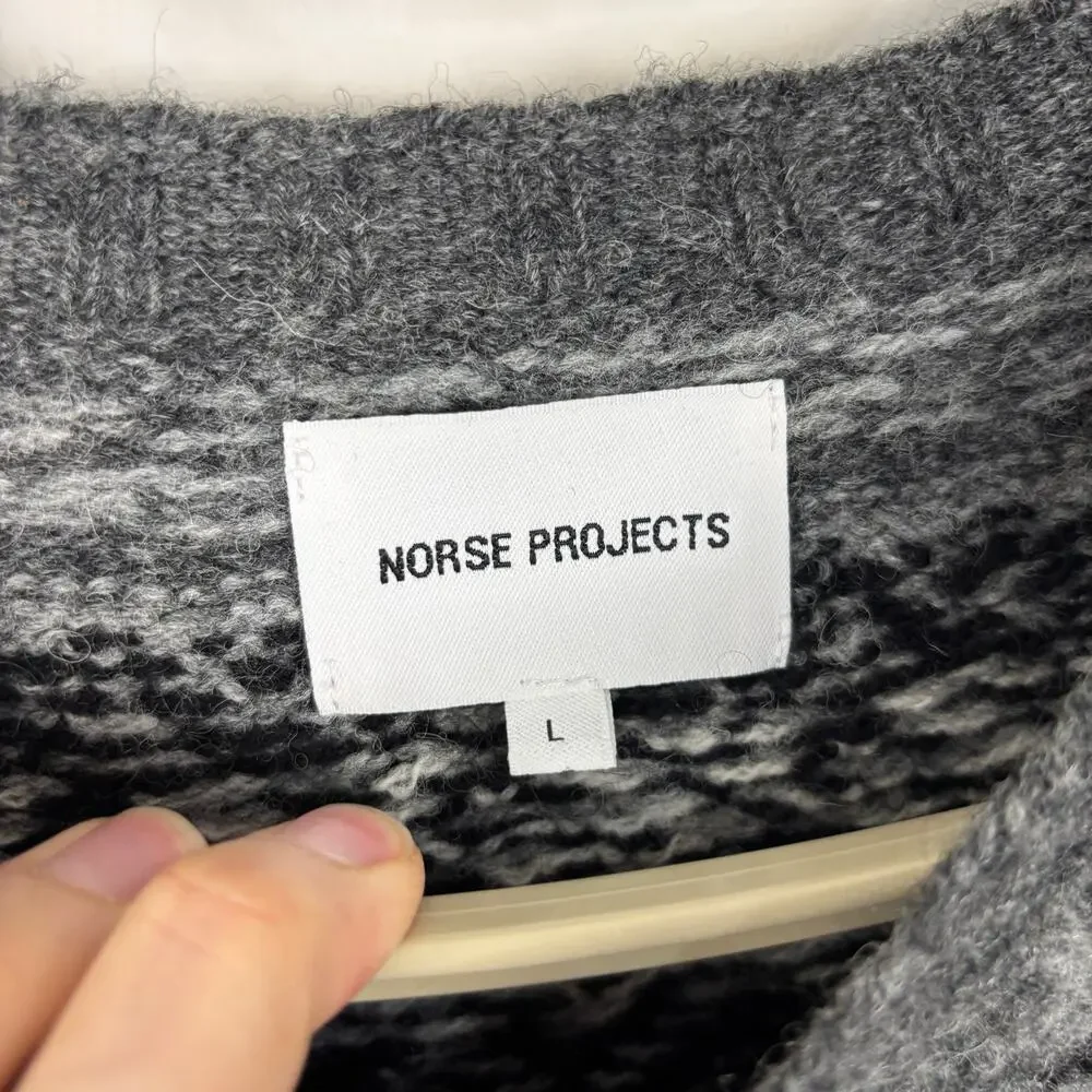 Norse Projects Birnir Fair Isle Gray Sweater Large 100% Pure New Wool *hole